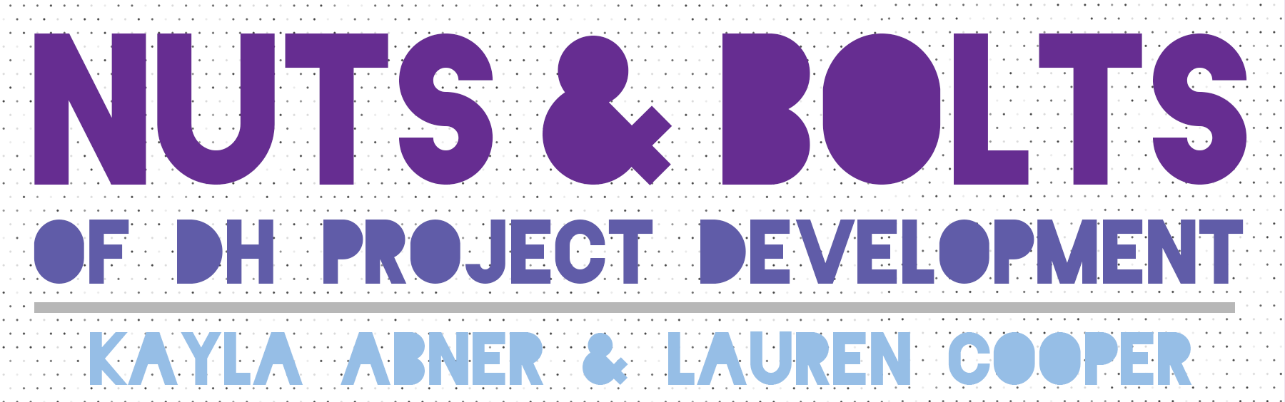 Purple and light blue text on white background with gray dots. Gray line between title and names.